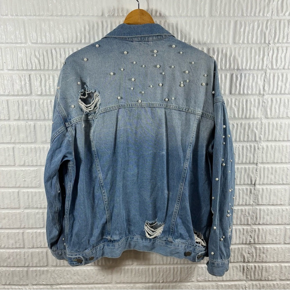 Free People Light Blue Pearl-Embellished Distressed Denim Jacket - Picture 4 of 8